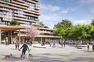 Photo shows a residential tower with a car-free forecourt and some walkers