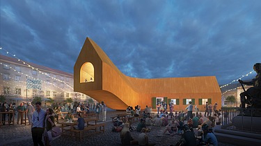 Visualisierung der Neuinterpretation der Fuggerei von außen.  