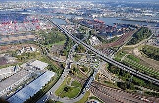 Photo shows a motorway viaduct from above