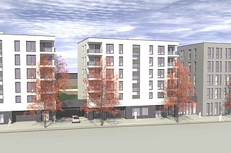 Illustration des zukünftigen Wohn- und Gewerbequartiers an der Welfenstraße von der Seite. 