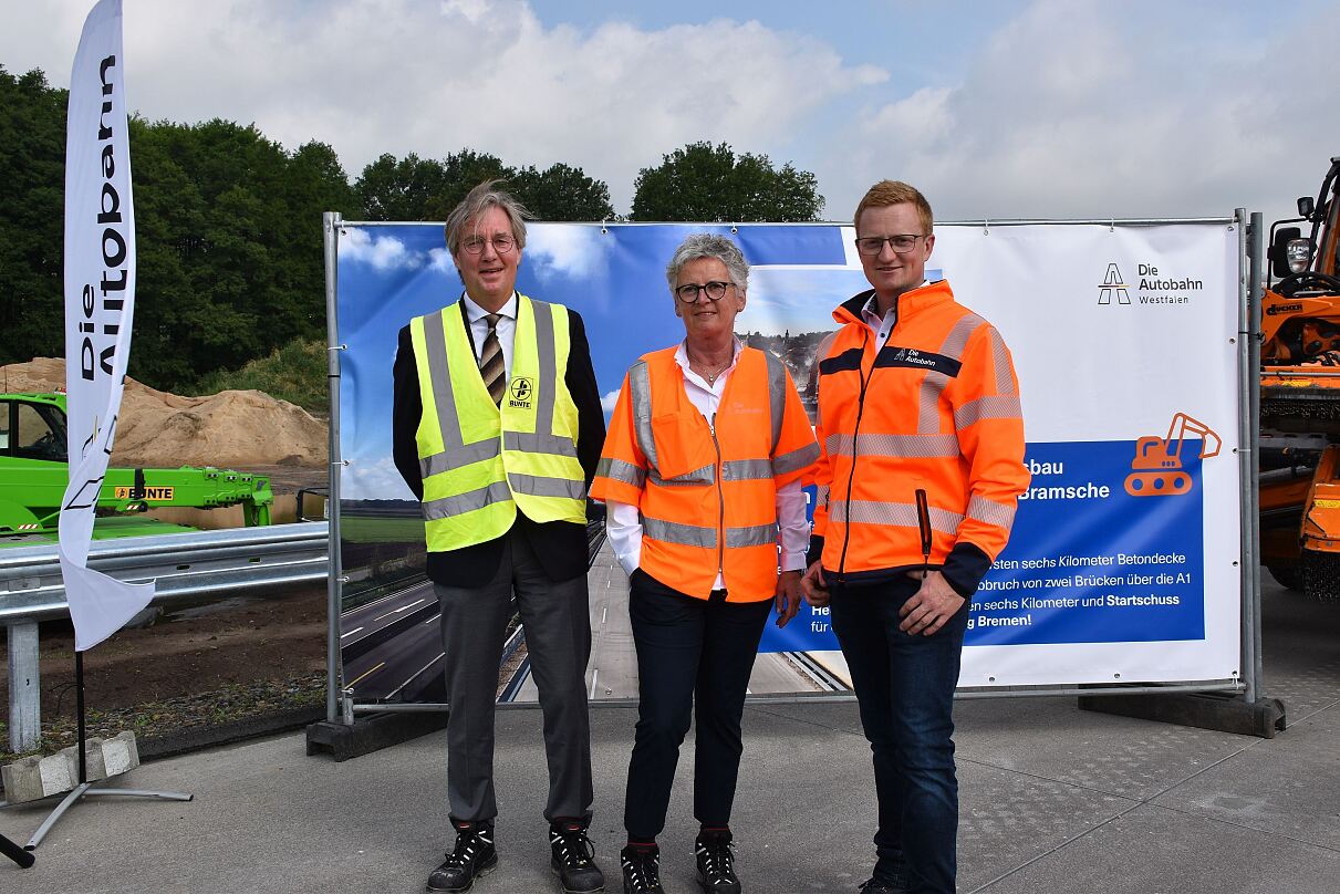 Foto von drei Personen in Schutzkleidung vor einem großen Bauzauntransparent