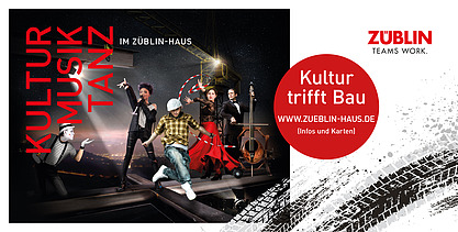 Flyer vom Jubiläumsprogramm vom ZÜBLIN-Haus. Auf dem Flyer sind verschiedene Künstler, mit einem Hinweis für mehr Informationen. 