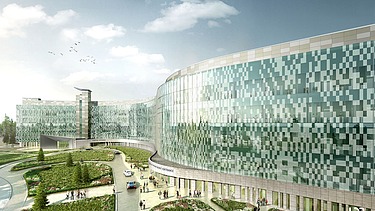 Visualisierung der US-Militärklinik in Weilerbach mit einer breiten Sicht über das ganze Gebäude.   