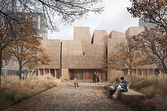 Bild eines Gebäudes mit kompletter Holzfassade