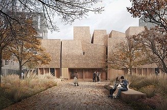 Picture of a building with a complete wooden façade