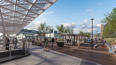 Photo of a forecourt and sidewalk, which is covered with a modern steel framework
