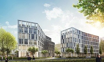 Visualisierung der Bürogebäude THE TWIST, mit Blick von der Seite.   