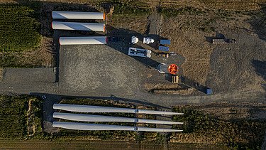 Drone view of wind turbine rotor blades