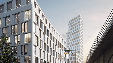 Illustration vom ZÜBLIN Hotel Alexander-Quartier mit Blick von der Seite. 