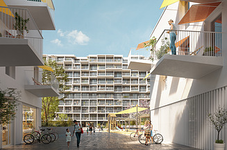 Das Bild zeigt einen Innenhof eines modernen Wohnbaukomplexes