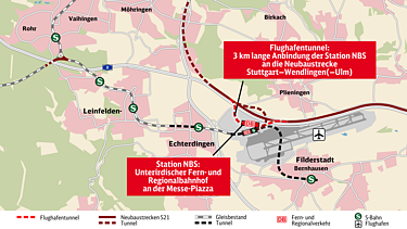 Der Plan der Deutschen Bahn für Flughafenanbindung der Neubaustrecke Stuttgart–Ulm.Planfeststellungsabschnitt PFA 1.3a zur Anbindung des Flughafens an die NBS Stuttgart–Ulm wurde an eine Arbeitsgemeinschaft aus ZÜBLIN und MAX BÖGL vergeben.