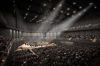 Visualisierung von einem Opernhaus von innen mit einem Publikum. 