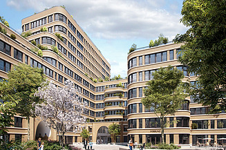 Innenhof mit Bäumen und einem Hochhaus