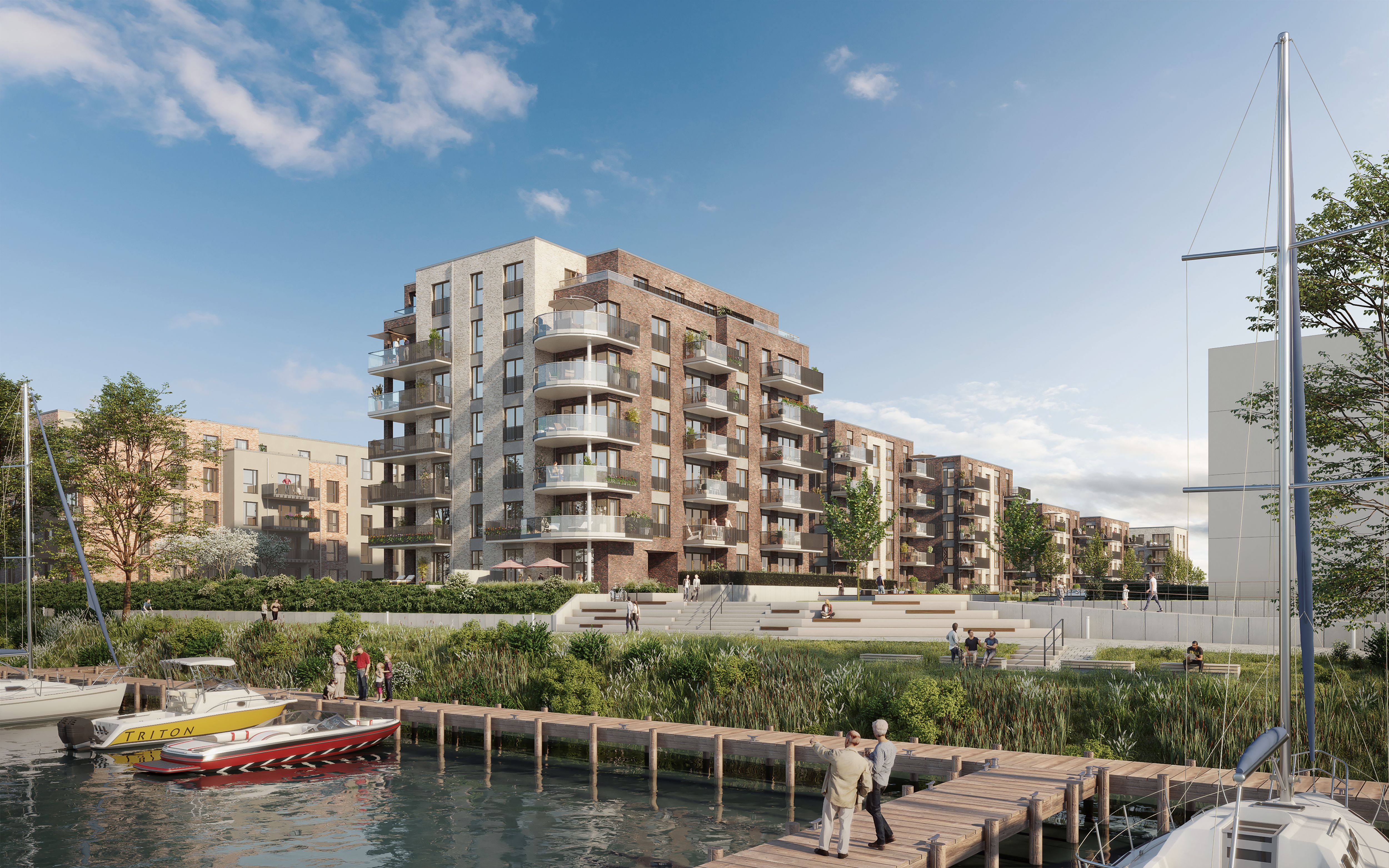 Visualisierung von Wohngebäuden, an einem See. Mehrere Personen sind auf dem Steg zusehen. 