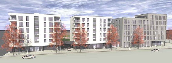Illustration des zukünftigen Wohn- und Gewerbequartiers an der Welfenstraße von der Seite. 