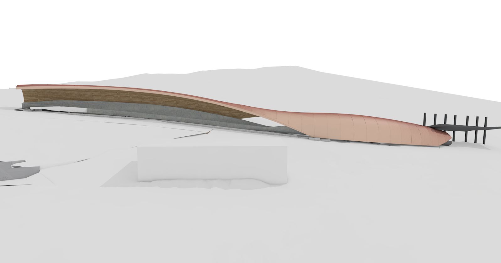 Visualisierung einer Holzüberdachung für eine Rennschlittenbahn.       