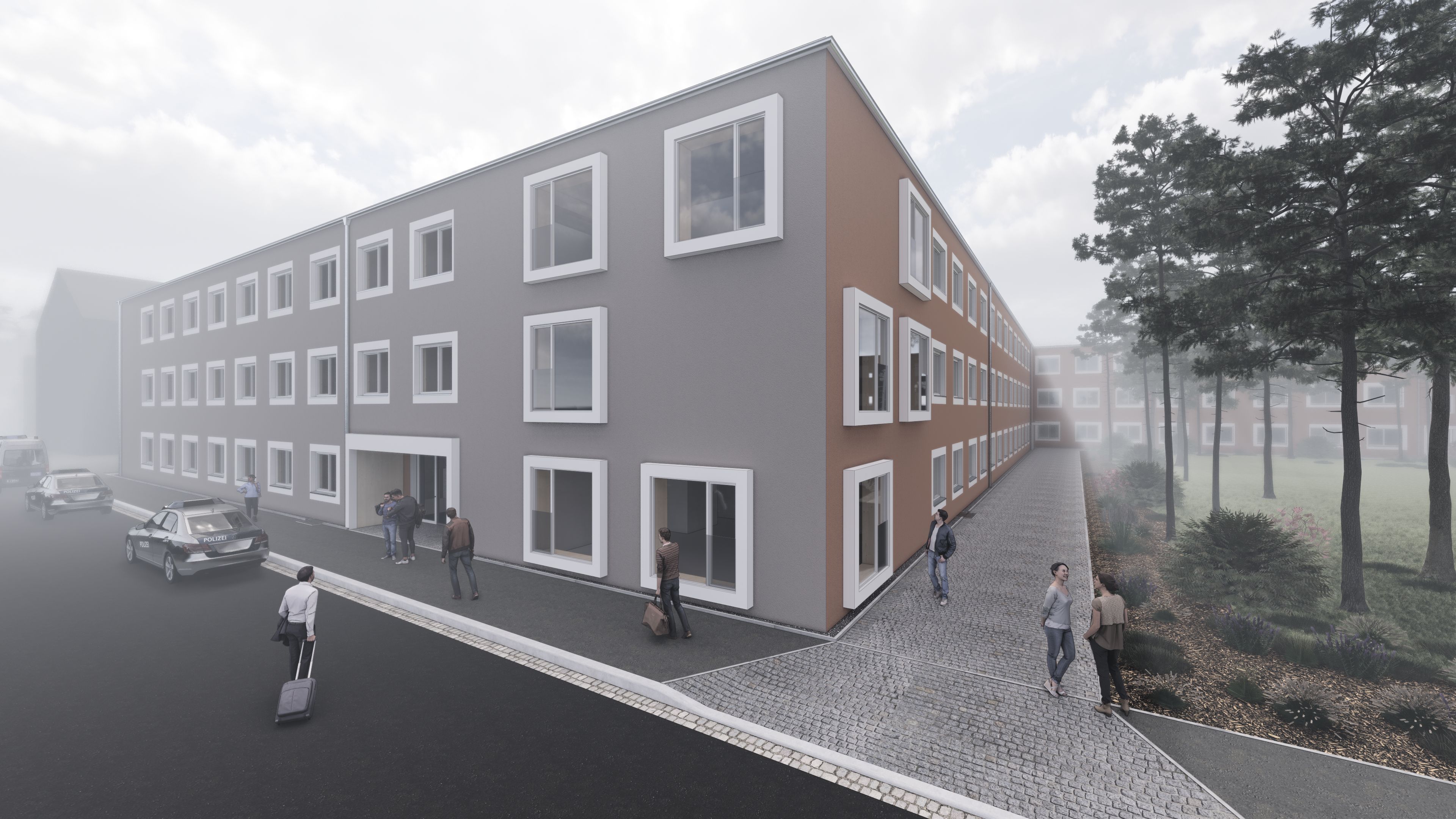 Visualisierung von den neuen modernen Unterkünften für die Polizeiausbildung.