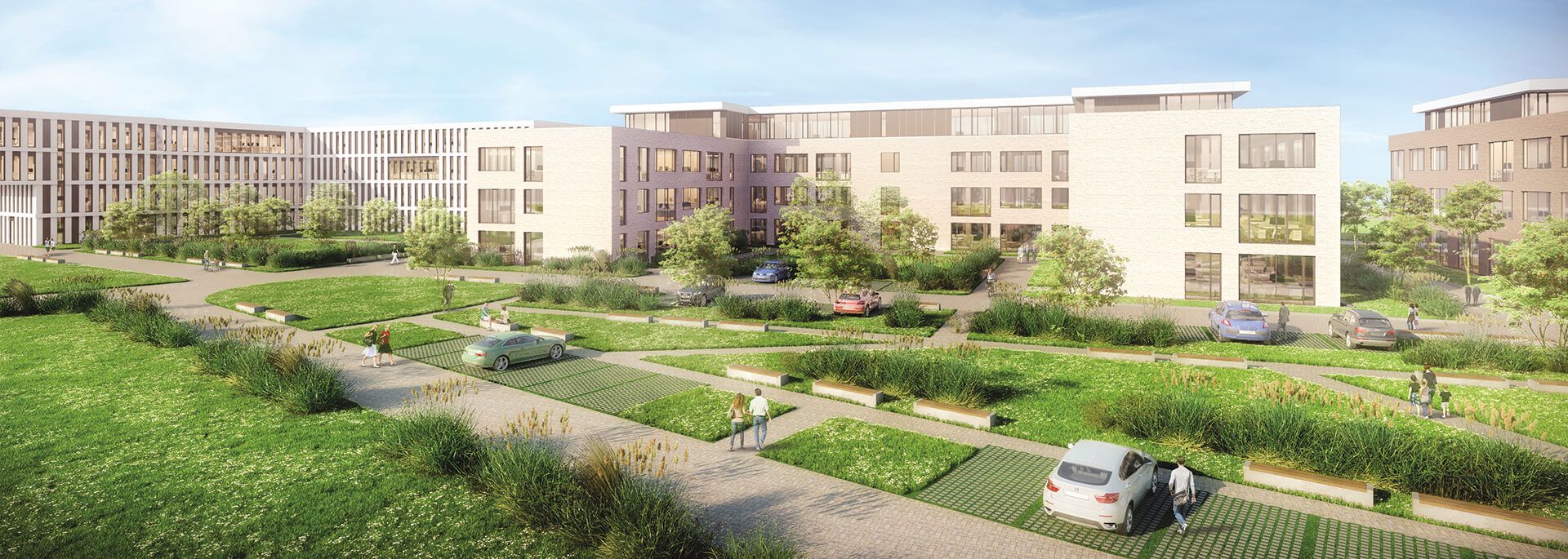 Visualisierung vom dreiteiligen Büro-Neubaukomplex mit Blick auf Grünflächen und dem Parkplatz. 