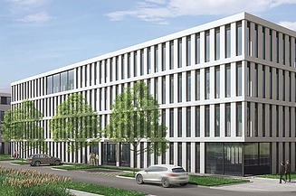 Visualisierung von drei Büro-Neubaukomplexen mit Seitenansicht. 