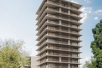 Visualisierung vom Holzhybrid-Hochhaus CARL in Pforzheim mit Blick von der Straße. 