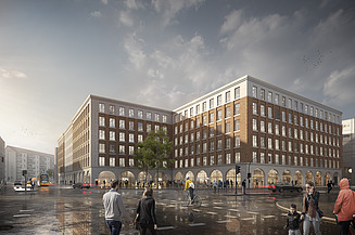 Visualisierung eines Bürogebäudes mit Blick von der Straße bei regen. 