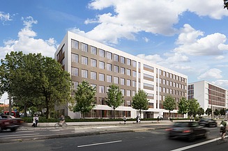 Visualisierung vom Holz-Hybrid-Bürogebäude Platinum in Wiesbaden. 