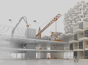 Visualisierung von robotische Montageverfahren und digitale Assistenzsysteme für den Bau von mehrgeschossigen Gebäuden.