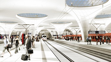 Visualisierung von einem Bahnhof, der befüllt ist mit unterschiedlichen Personen. 