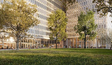 Visualisierung von der Seitenansicht von Neubau eines dreiteiligen Büroensemble. 