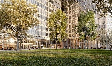 Visualisierung von der Seitenansicht von Neubau eines dreiteiligen Büroensemble. 