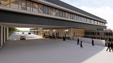 Visualisierung von einer Brücke. Die Straße ist befahren.