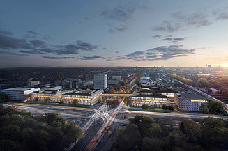Visualisierung einer Stadt aus der Vogelperspektive, mit Blick auf die neuen Bürogebäude.  