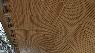 Foto von der Innenansicht einer Rennschlittenbahn mit Holzüberdachung.       