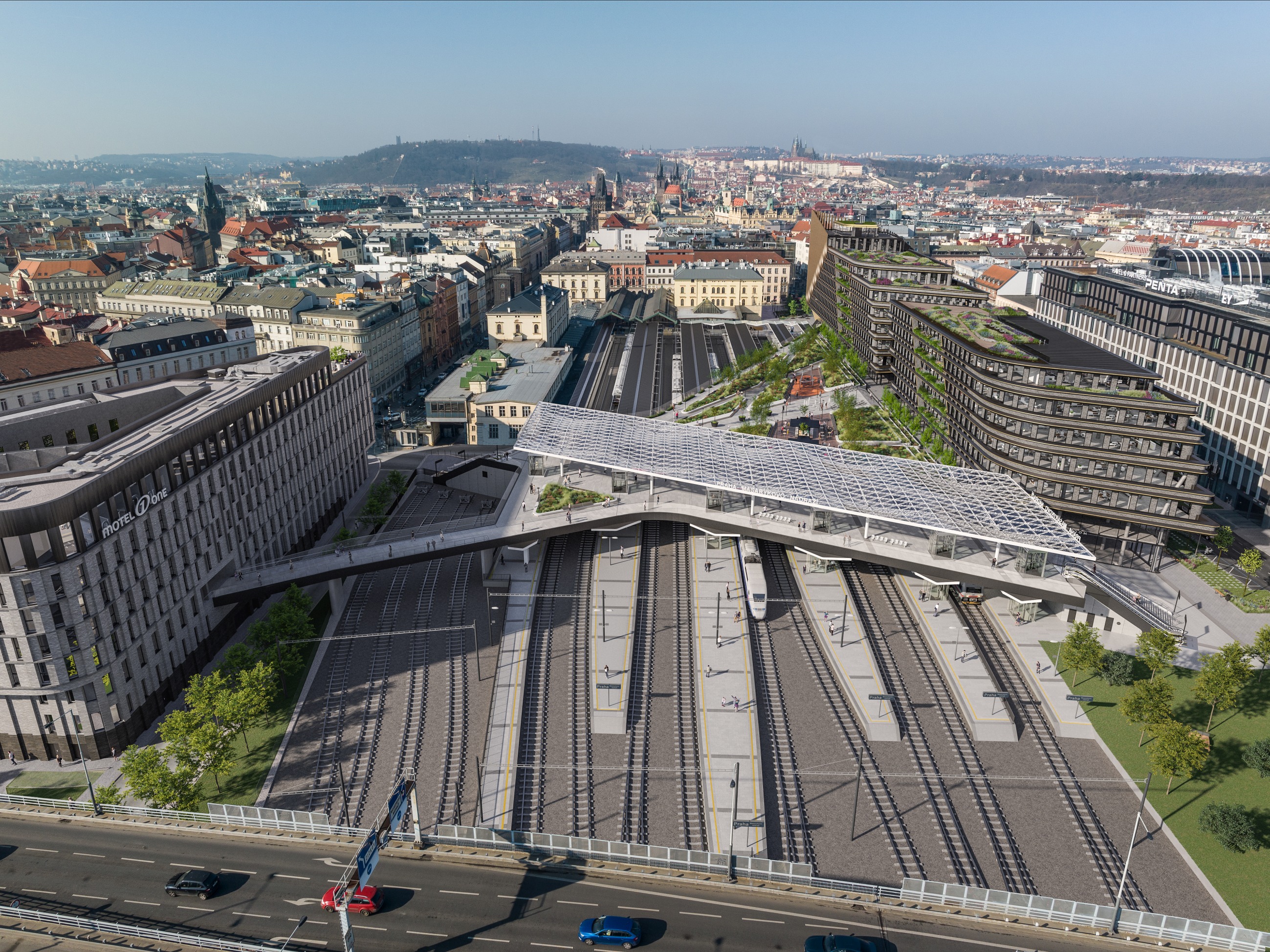 Aerial view of the train station in Prague