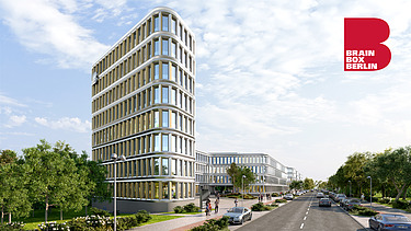 Visulisierung des BRAIN BOX BERLIN aus der Seitenansicht mit Blick auf die Straße.