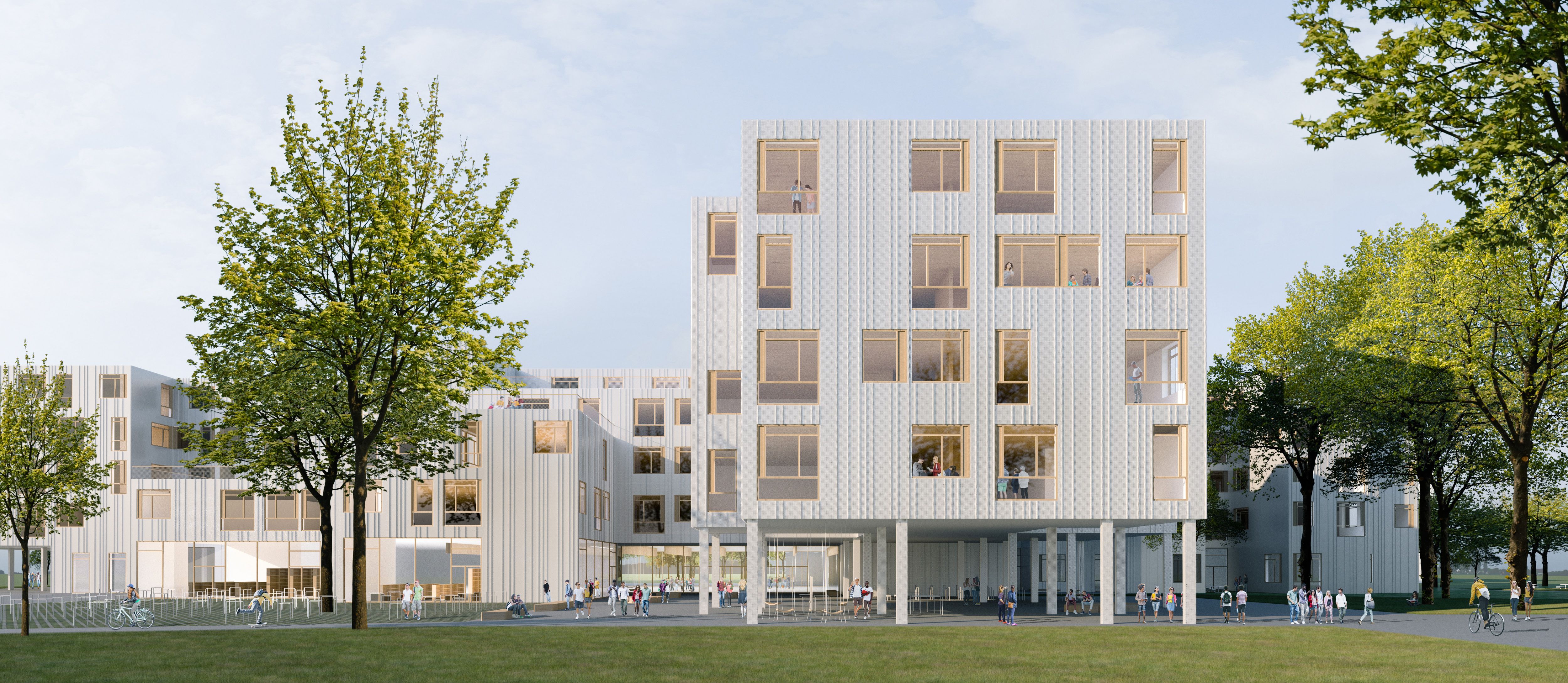 Visualisierung des Hochbaus für den neuen Schulcampus in Berlin.