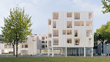 Visualisierung des Hochbaus für den neuen Schulcampus in Berlin.