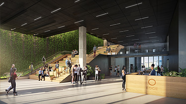 Visualisierung des Eingangsbereichs von einem Bürogebäude.       