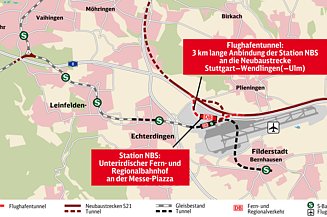 Plan der Deutschen Bahn für Flughafenanbindung der Neubaustrecke Stuttgart–Ulm.