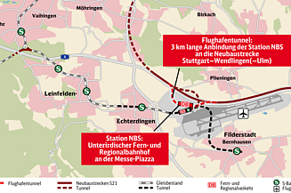 Plan der Deutschen Bahn für Flughafenanbindung der Neubaustrecke Stuttgart–Ulm.