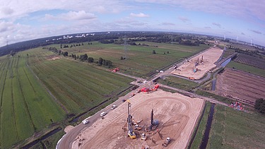 Das Bild zeigt Erdarbeiten mit schwerem Gerät in einer Fischaugeperspektive