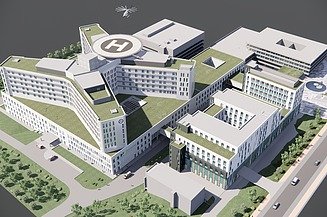Renderings of the new F.D. Roosevelt University Hospital in Banská Bystrica following reconstruction and extension