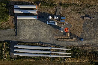 Drone view of wind turbine rotor blades