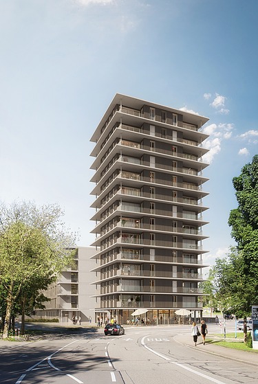 Visualisierung vom Holzhybrid-Hochhaus CARL in Pforzheim mit Blick von der Straße. 