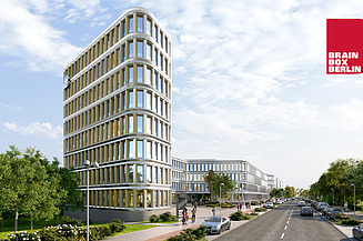 Visulisierung des BRAIN BOX BERLIN aus der Seitenansicht mit Blick auf die Straße.