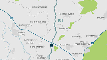 Landkarte auf der eine weiße Line von oben nach unten eingezeichnet ist