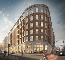 Visualisierung eines Bürogebäudes mit Blick von einer Straßenkreuzung.  