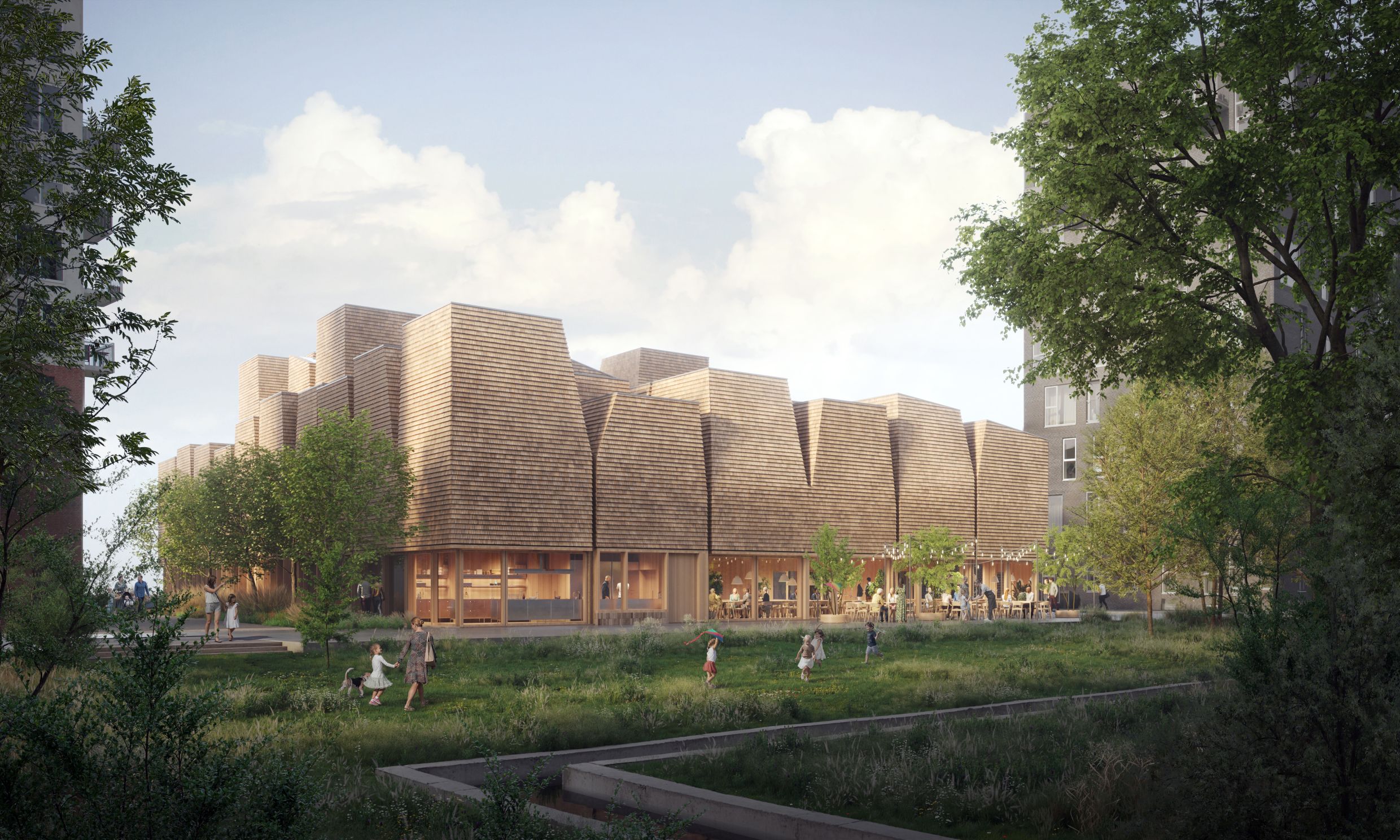 Bild eines Gebäudes mit Holzfassade