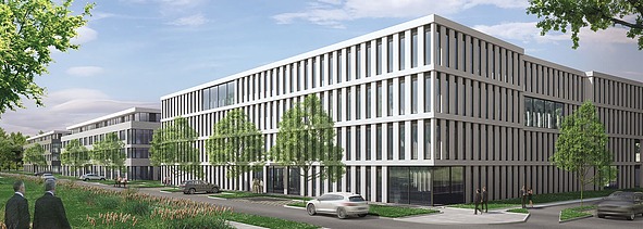 Visualisierung von drei Büro-Neubaukomplexen mit Seitenansicht. 