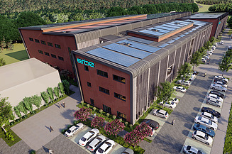 Visualisierung des Industriekomplex für Medizintechnik aus der Vogelperspektive. 